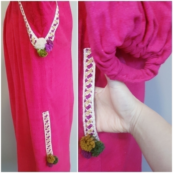 Handmade Pink Silk Ethnic Boho Pom Pom Tunic Dress - M - Picture 6 of 9